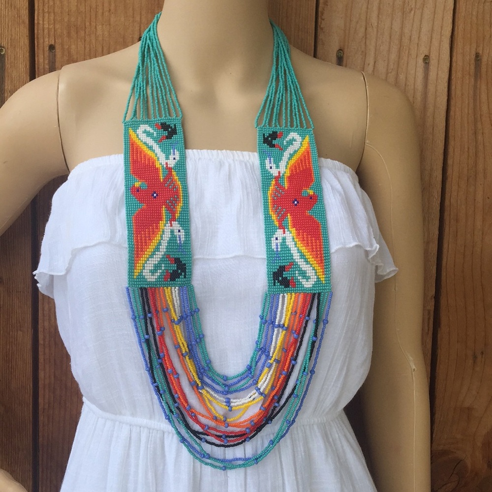 Mexican hand beaded Huichol Art necklace